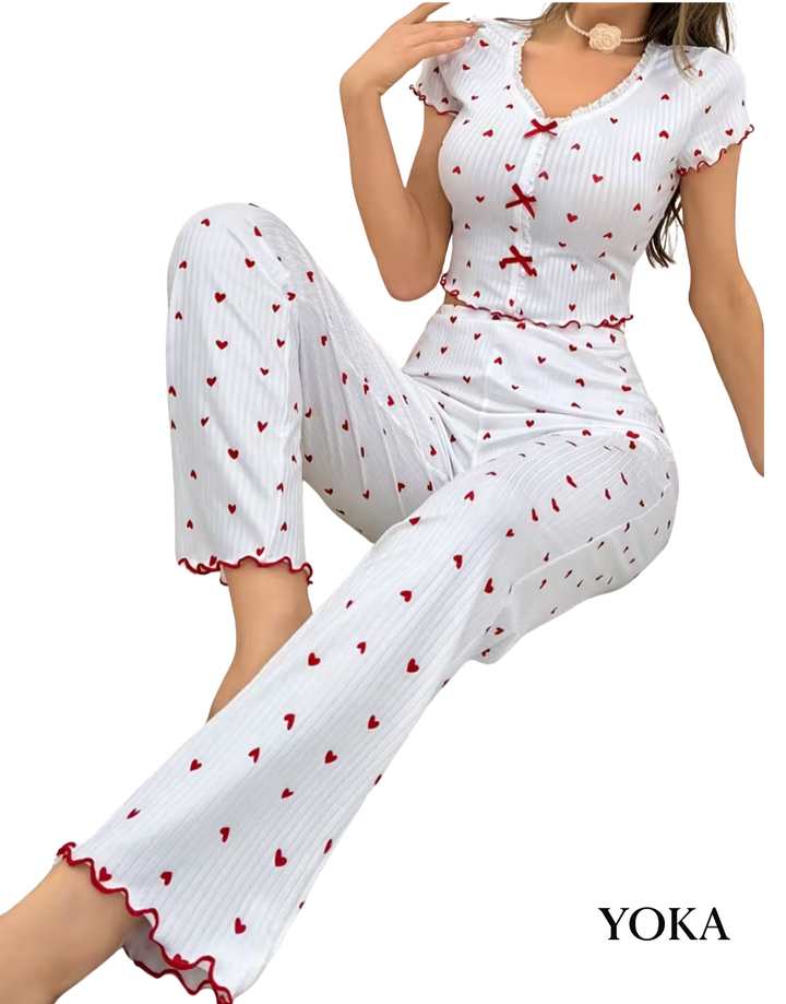 PIŻAMA DAMSKA W SERDUSZKA KOMPLET PIŻAMKA 2-CZĘŚCIOWA PREZENT DLA NIEJ YOKA