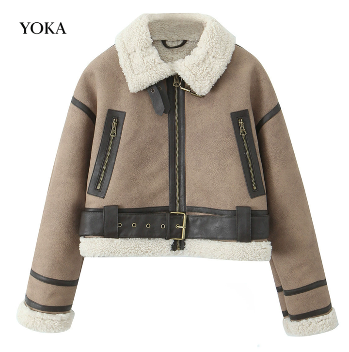 KURTKA SKÓRZANA DAMSKA Z KOŻUCHEM PILOTKA VINTAGE STYLOWA UNIWERSALNA YOKA