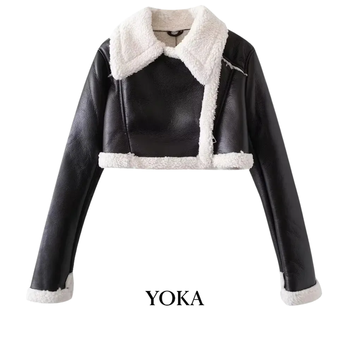 DAMSKA KURTKA ZIMOWA PILOTKA SKÓRZANA Z KOŻUCHEM CZARNA KRÓTKA STYLOWA YOKA