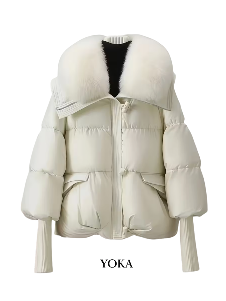 KURTKA PUCHOWA DAMSKA Z FUTRZANYM KOŁNIERZEM KREMOWA ZIMOWA CIEPŁA YOKA