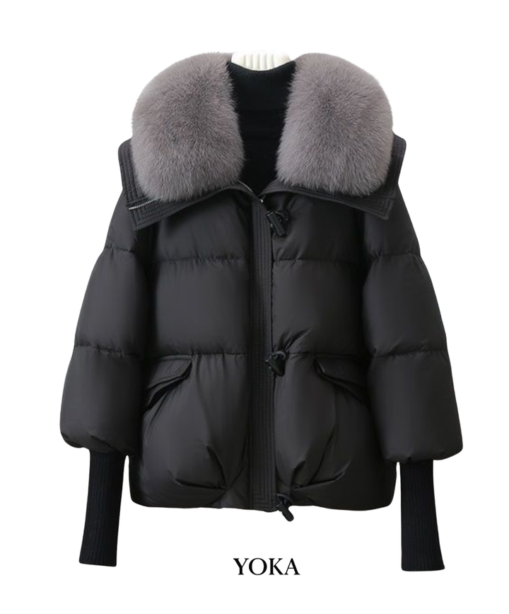 KURTKA PUCHOWA DAMSKA Z FUTRZANYM KOŁNIERZEM CZARNA ZIMOWA CIEPŁA YOKA
